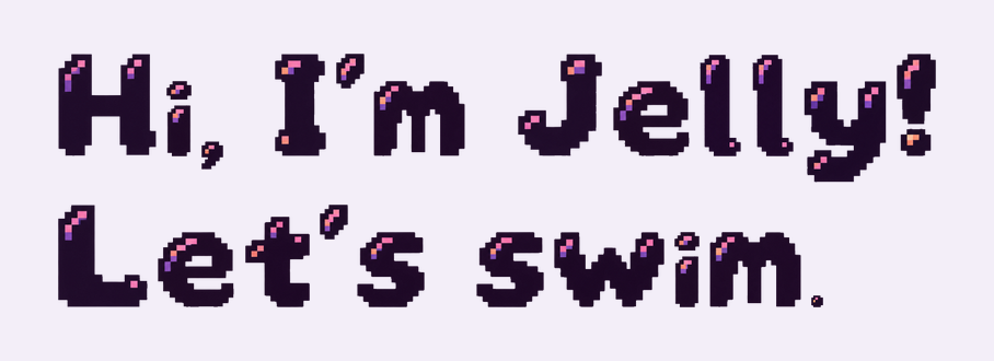 Story Stitch spelling Hi, I'm Jelly! Let's swim.
